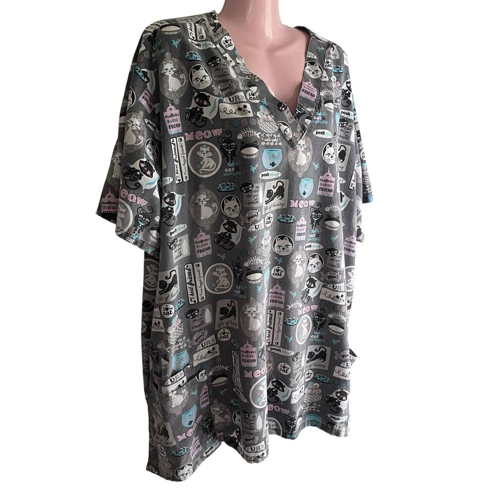 UA Scrubs Tunic Top Womens 3XL Gray Cat Print Pockets V Neck Nurse Scrub Top - Picture 2 of 5